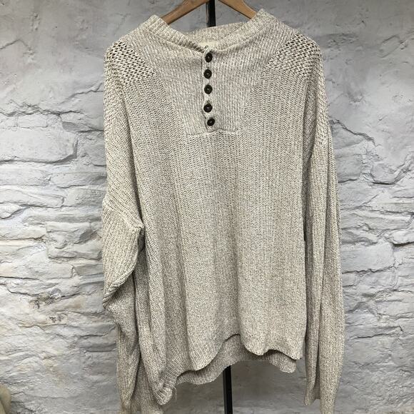 Eddie Bauer Sweater Boxy Oversized Henley Chunky Knit Oatmeal LT Made in USA Vtg - Picture 1 of 5
